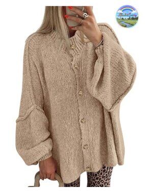 Oversized Button Down Cardigan Sweater Crew Neck Lantern Sleeve Loose Knit